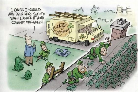 Cartoon of leprechauns nailing four leaf clovers all over a roof. 