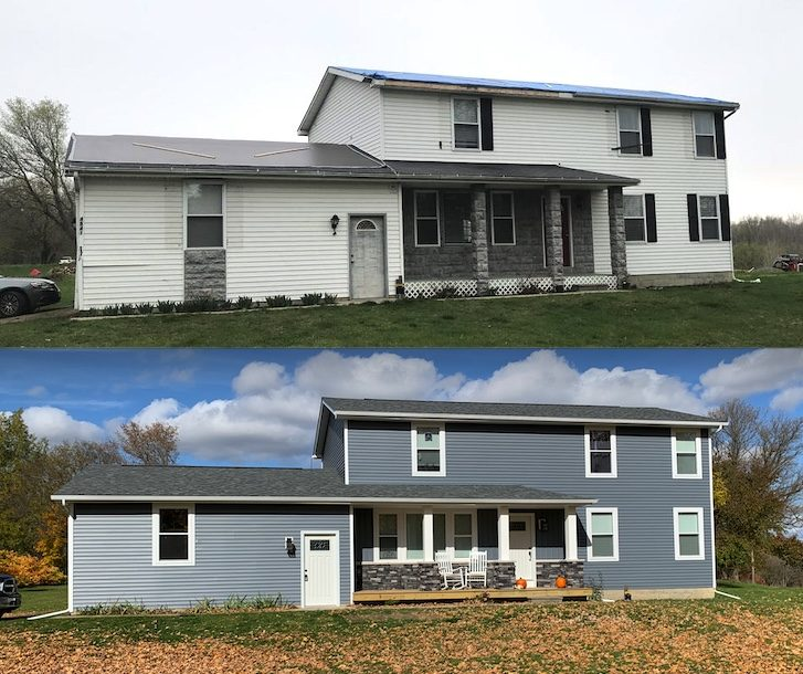 Before and after roof and siding replacement
